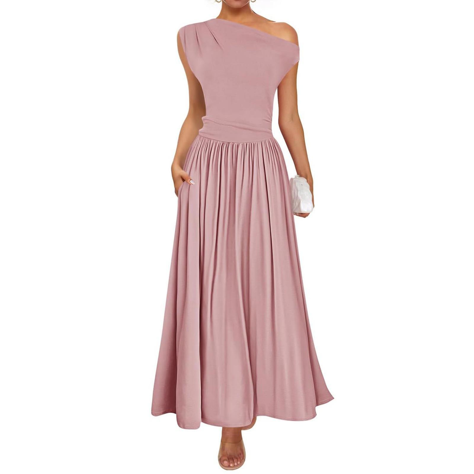 

Women s Fashionable Color Sloping Shoulder Sexy Waist Long Dress With Pockets S рожевий
