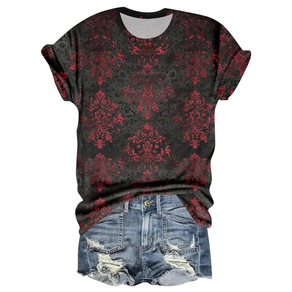 Damen Casual Rundhals Halloween-Print Kurzarm T-Shirt Top