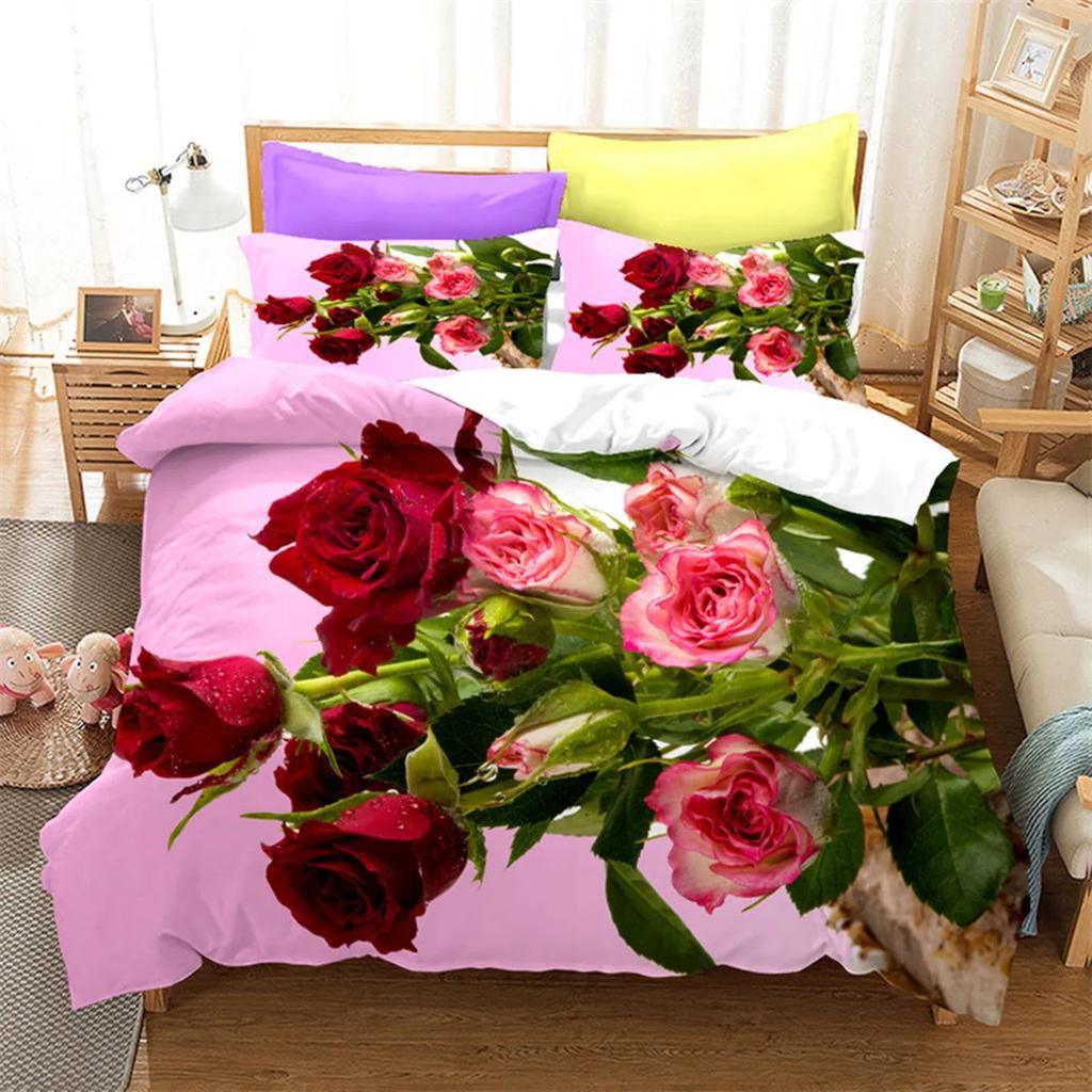 Red Rose Romantic Valentine's Day Floral Soft Duvet Cover for Women Young Girls Valentine's Day Gift Flowers Print Comfortable Quilt Cover Rom Decor