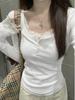 Nueva Moda Mujer Ajustado Encaje Floral Patchwork Manga Larga Camiseta