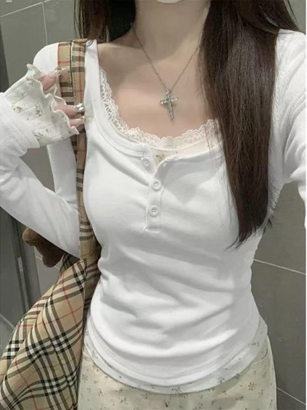 Nueva Moda Mujer Ajustado Encaje Floral Patchwork Manga Larga Camiseta