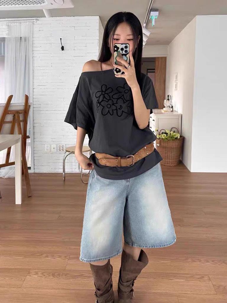 Floral Embroidered Off-Shoulder Short Sleeve Women's Summer Loose Casual Top