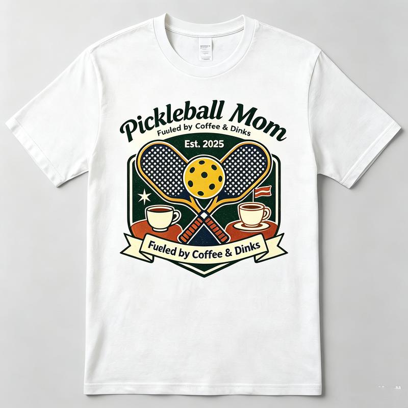 Pickleball Mom Fueled by Coffee Dinks Vintage Collegiate Crest Graphic T Shirt Unisex Casual Cotton Short Sleeve Tops Funny