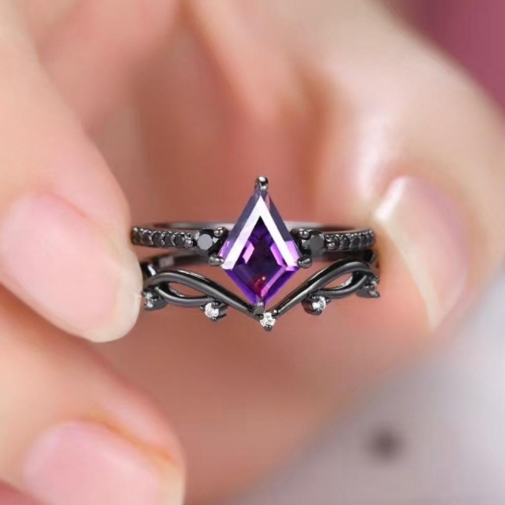 Three Heroes Retro Amethyst Gemstone & Diamond Couple Rings in Gun Black Finish
