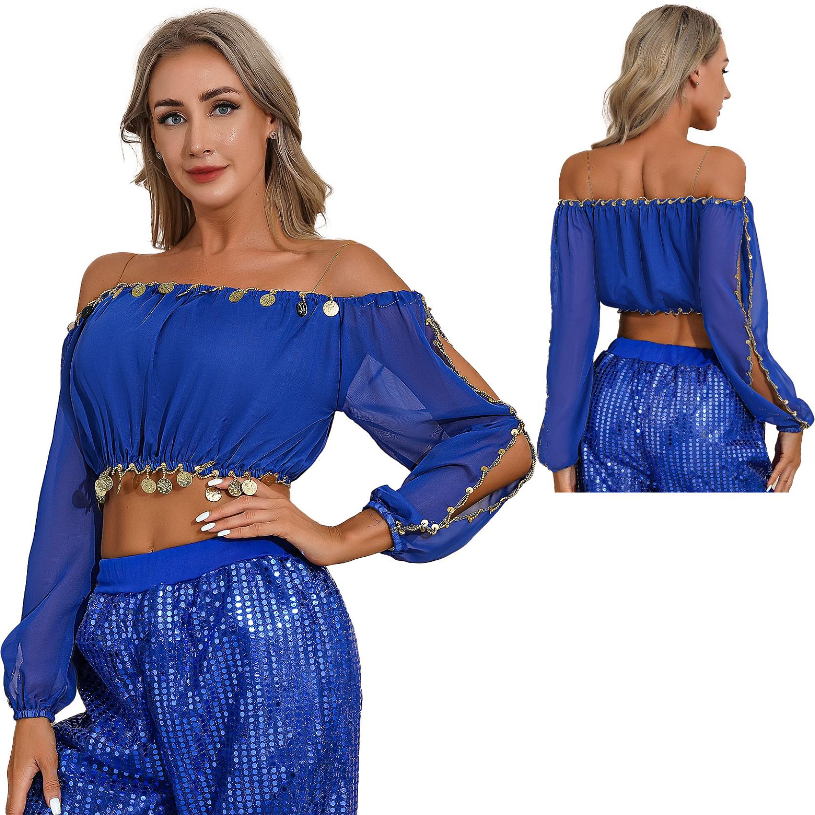 

Женская одежда для индийских танцев, сексуальный укороченный топ с открытыми плечами, пышными рукавами и кисточками, шаль на шнуровке, костюм для танца живота One Size королевский синий