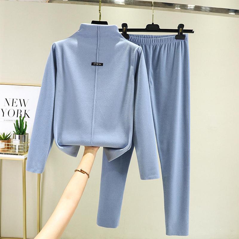Double-sided Velvet Two Piece Set Autumn Clothes and Pants Women's Half High Neck Warm Long Sleeved Top Solid Color Undershirt Autumn and Winter