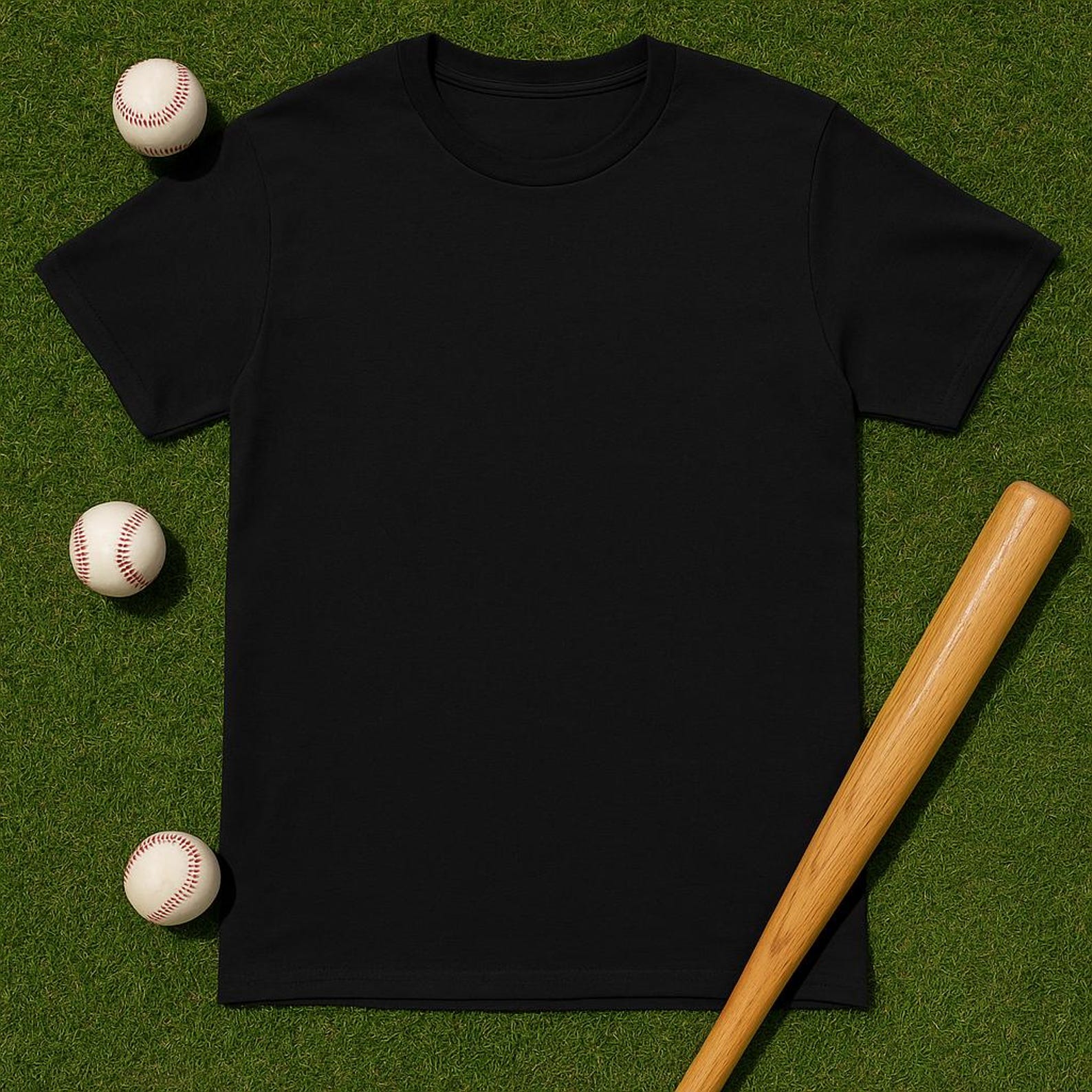 Black T-Shirt Mockup With Baseball Theme Including Baseballs And A Baseball Bat 4XL