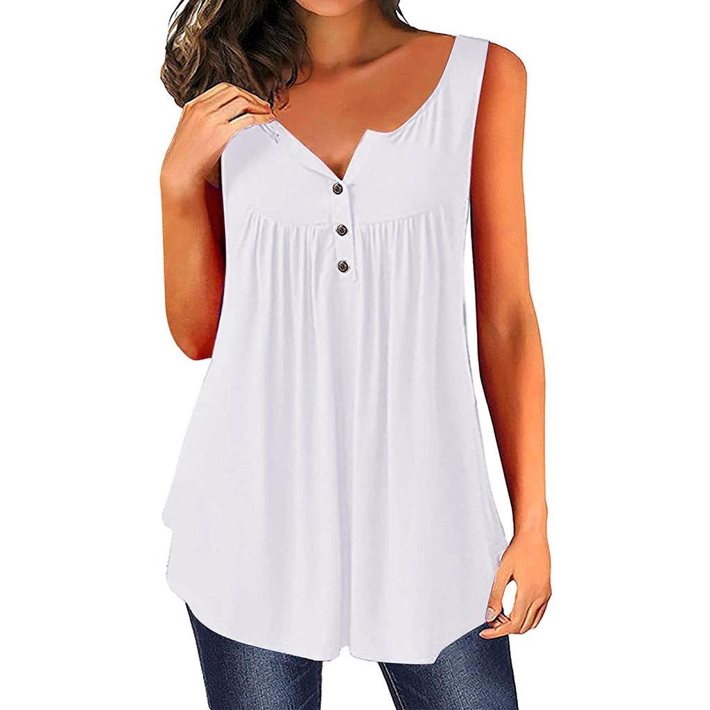 Womens Summer Sleeveless Solid Color Casual Swing Flowy Tank Tops With Buttons