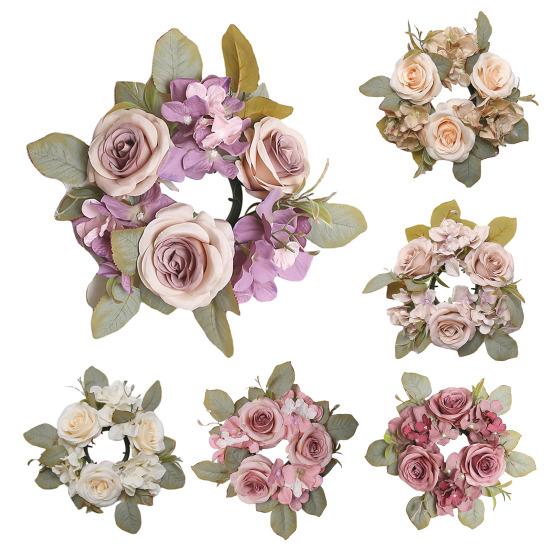 Artificial Rose Wreath Candle Ring Realistic Mini Faux Rose Garland with Plastic Base Candle Wine Decoration Weddings Party Dining Table Centerpiece
