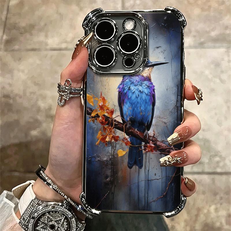Bird Oil Painting Style Plating Phone Case For Iphone 16 17 Pro Max Air 16E 14 15 Plus 12 13 Mini Anti-Fall Airabag Cover