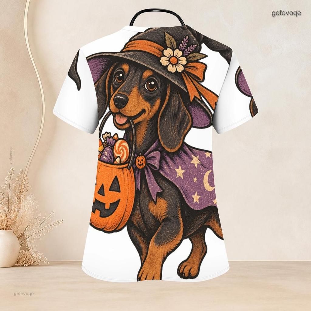 Top de uniforme de enfermera con estampado de caballo occidental, girasol, calabaza, otoño, Halloween, talla grande para mujer, cuello en V, manga corta
