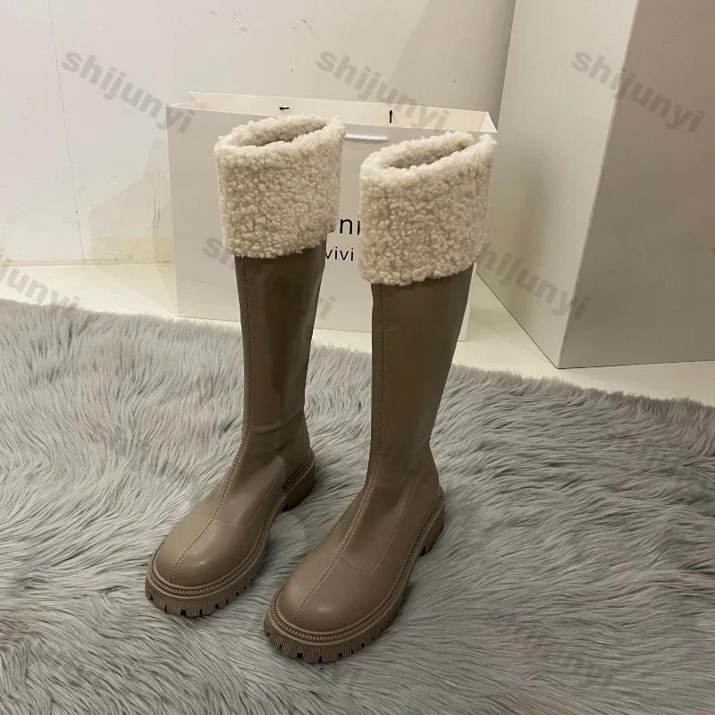 Fashion Women Winter New Soft Leather Knee Boots Ladies Fashion Outdoor Thick Soled Black Long Round Toe Knee-high Knight Boots Footwear