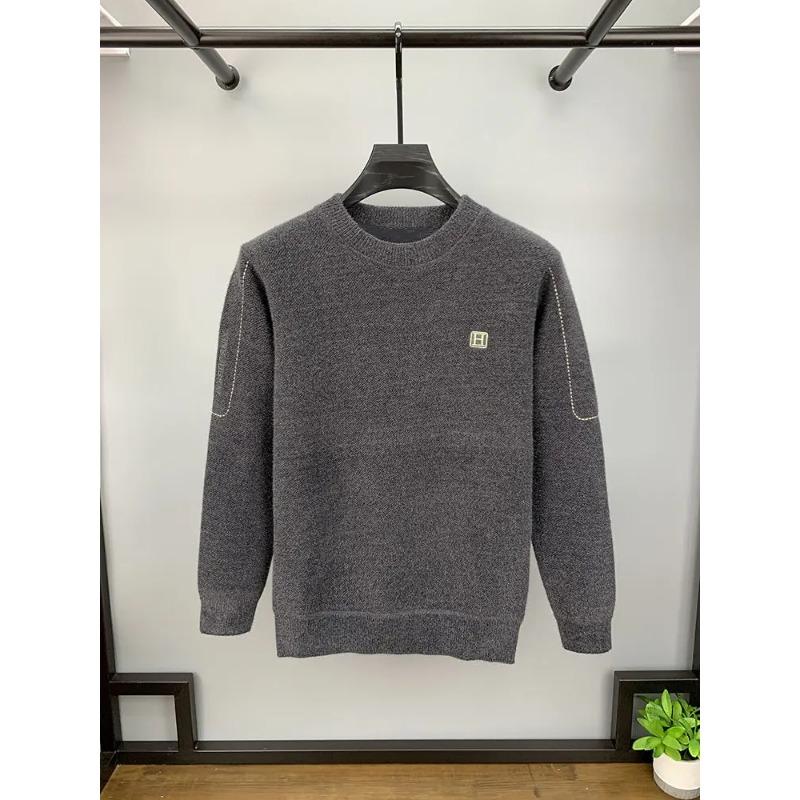 Winter Men's Warm Fleece Sweater O-Neck Embroidered Casual Knitted Inner Lap Pullovers Thick Thermal Underwear Sweater