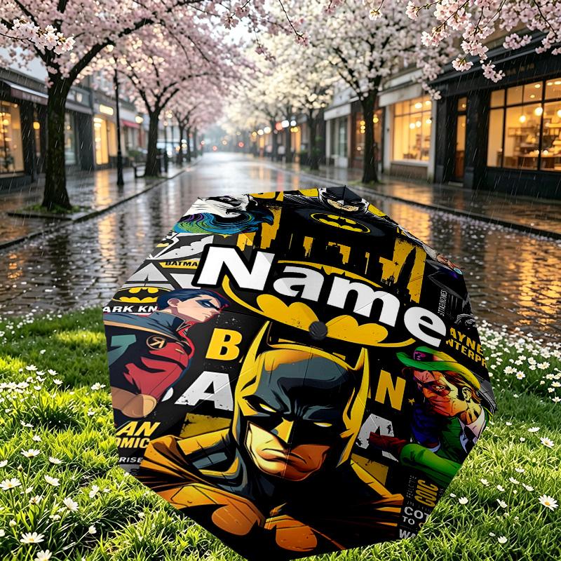 Custom Name Personalized Batman Print Umbrella, Auto Open Close, 8‑Rib Sturdy Frame, Commute Camping Hiking Use, Birthday Gift