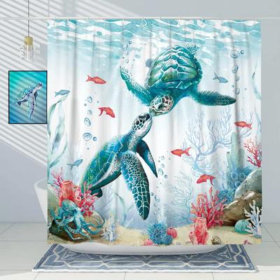 Blue Sea Turtle Shower Curtain Funny Ocean Animal Starfish Coral Tropical Fish Underwater Marine Life Curtains Bathroom Decor