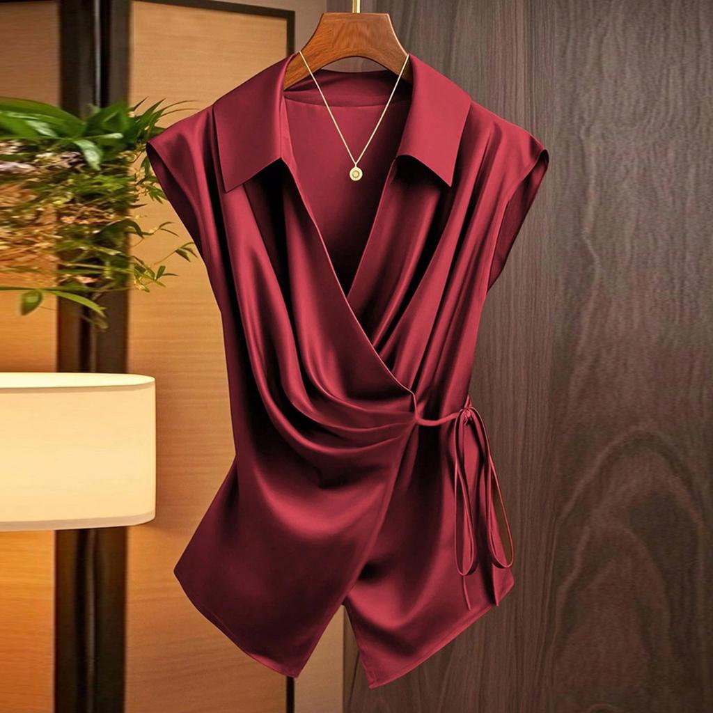 Women's Casual Satin V-Neck Tie-Front Bow Blouse