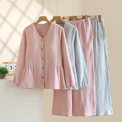 2026 Nuovo Set Pigiama da Donna Primavera e Autunno 100% Cotone Crêpe Scollo a V Colore Unito con Protezione Pettorale Manica Lunga Set Due Pezzi