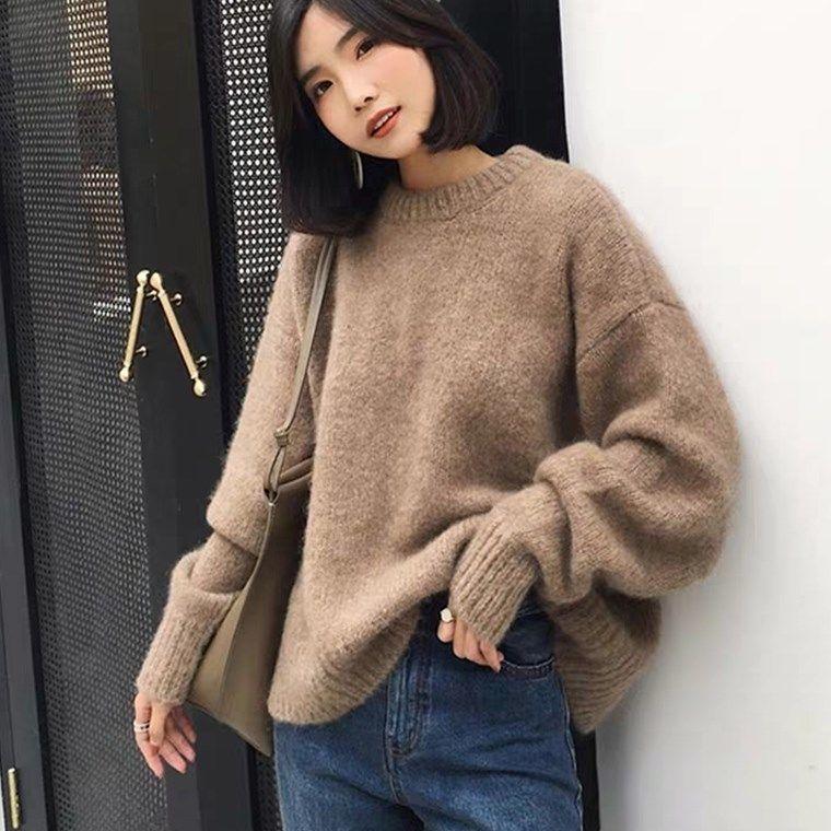 Lat Stil Løs Damegenser Høst Vinter Yttertøy Allsidig Pullover Rund Hals Base Lag Fortykket Strikk