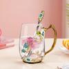 Glass Coffee Enamels Mug with Steel Spoon ,Best Birthday Valentines Gifts for Women,Enamel Flower Lead-free Glass Coffee Mugs Tea Cup