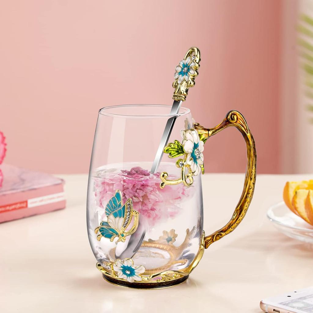 Glass Coffee Enamels Mug with Steel Spoon ,Best Birthday Valentines Gifts for Women,Enamel Flower Lead-free Glass Coffee Mugs Tea Cup