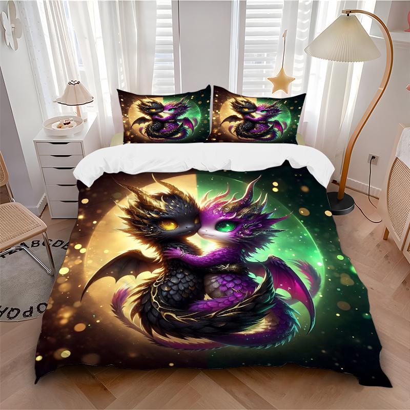 3pcs Two Dragons in Love Printed Bedding Set, Soft and Comfortable Quilt Cover for Bedroom, Guest Room (1 Duvet Cover + 2 Pillowcases, Pillo