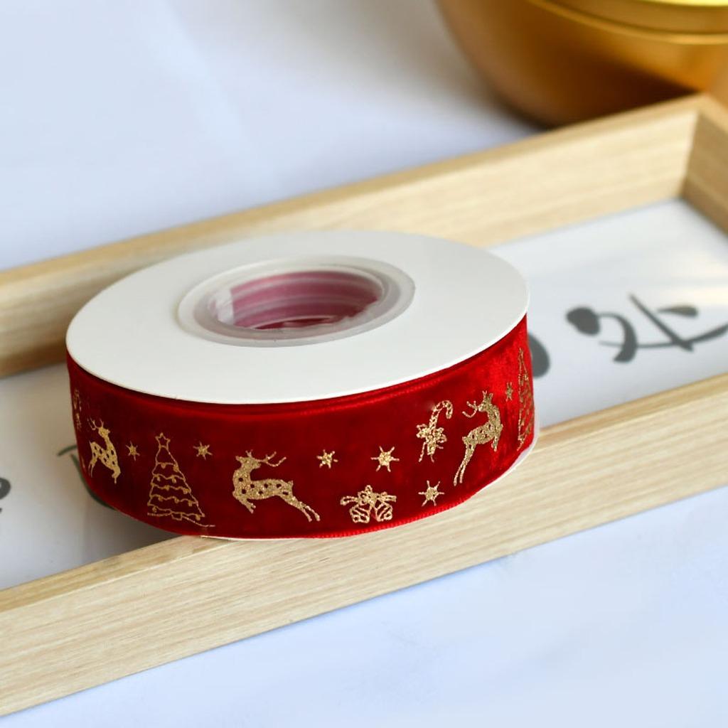 Flocked Velvet Ribbon Festive Gold Foil Printed Ribbon Christmas Velvet Ribbon Classic For Cake Packaging Wedding Event Bow