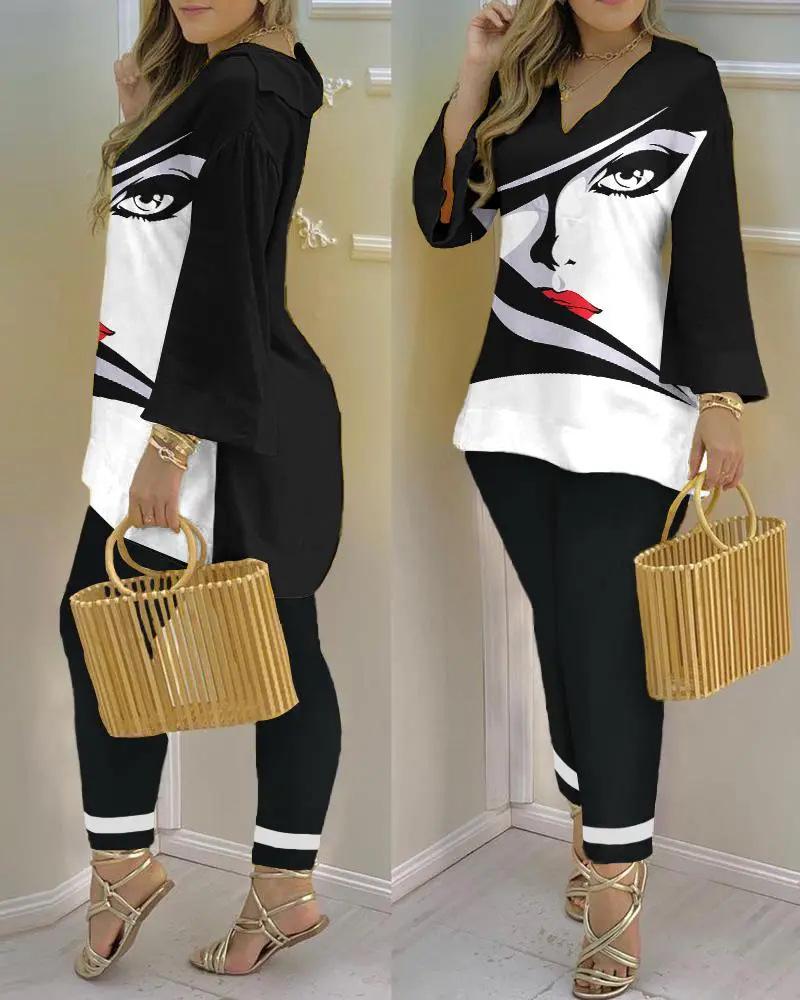 2023 Spring Women's European & American V-Neck Long-Sleeve Fashion Set
