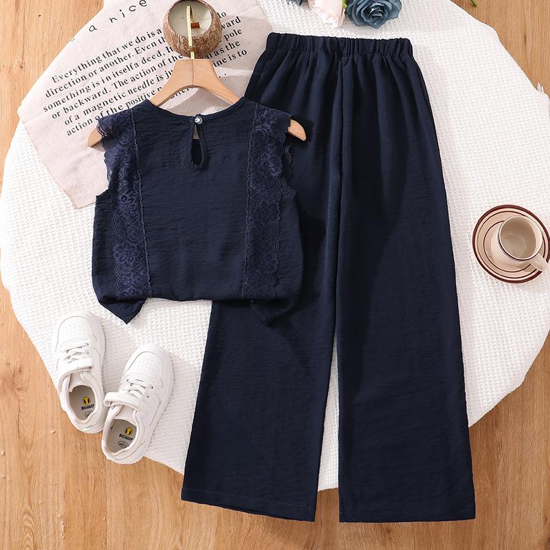 Girls' Casual Outfit - Summer Children's Elegant V-neck Long Pants Set