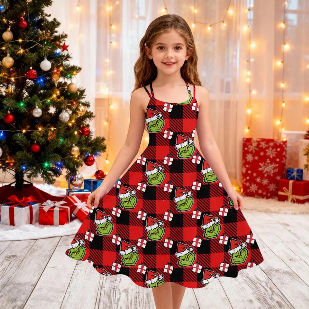Children's Fashion Casual Christmas Print Off-Shoulder Punk Vintage Dress