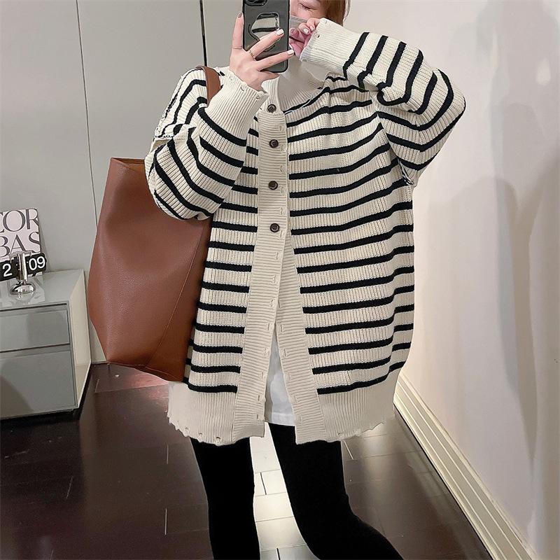

Весенне-осенний новый свободный простой повседневный вязаный кардиган топ женский полосатый модный свитер-жакет с воротником-стойкой one size fits all