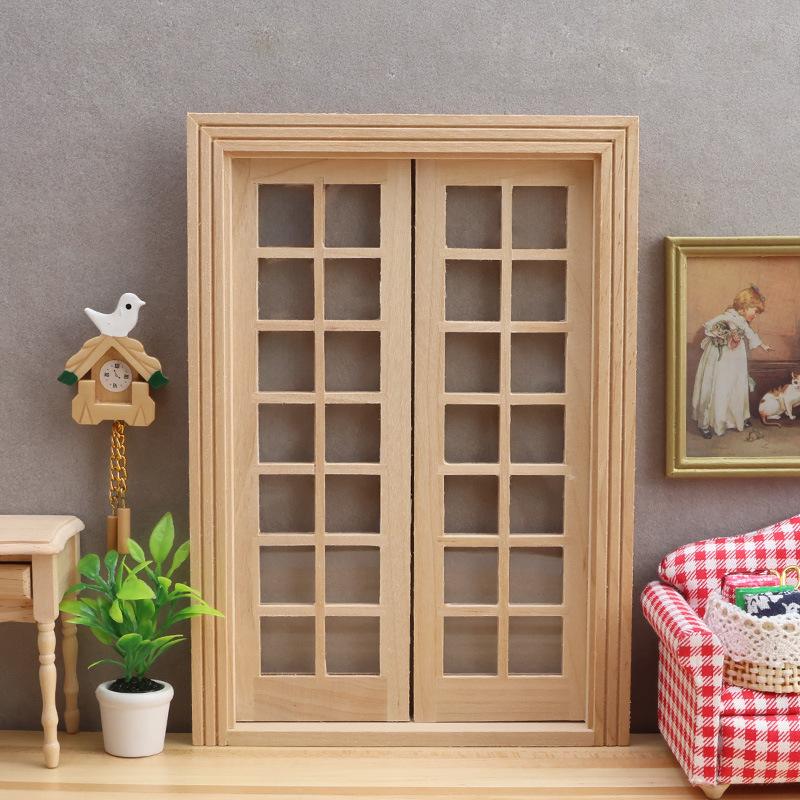 1:12 Dollhouse DIY Unpainted Double Door, 28-Grid Minimalist Window Door Model, Miniature Room Scene Building Material