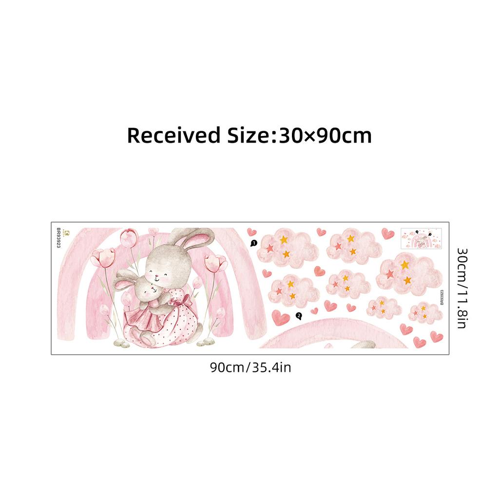 Watercolor Cartoon Rabbit Pink Rainbow Clouds Love Wall Stickers for Kids Room Girl Bedroom Nursery Decoration Bunny Wall Decals