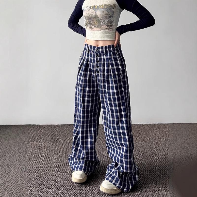 

Women s High Waist Plaid Wide-Leg Pants - Retro Casual Autumn/Winter Style L