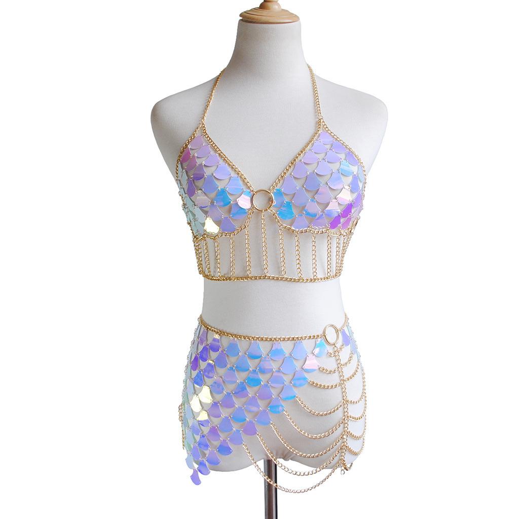 

Ювелирные изделия + сексуальная преувеличенная металлическая цепочка на талию с открытой спиной + пляжная цепочка для тела с блестками в виде рыбьей чешуи золотой