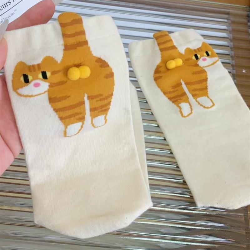 1/2Pair Cartoon Cute Cat Balls Cotton Socks Kawaii Lolita Knitting Socks Women Girls Middle Tube Sock Cat Butt Print Couple Sock