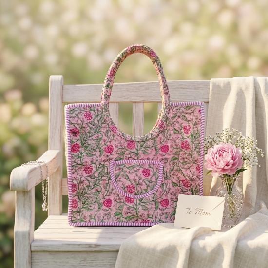 Shoulder Bag Usalover925 Pink Quilted Cotton Floral Print Shoulder Bag 04