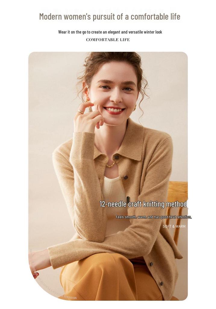 Elegant Women's Cashmere Knit Polo Collar Cardigan - Long Sleeve, Loose Fit, Versatile and Warm.