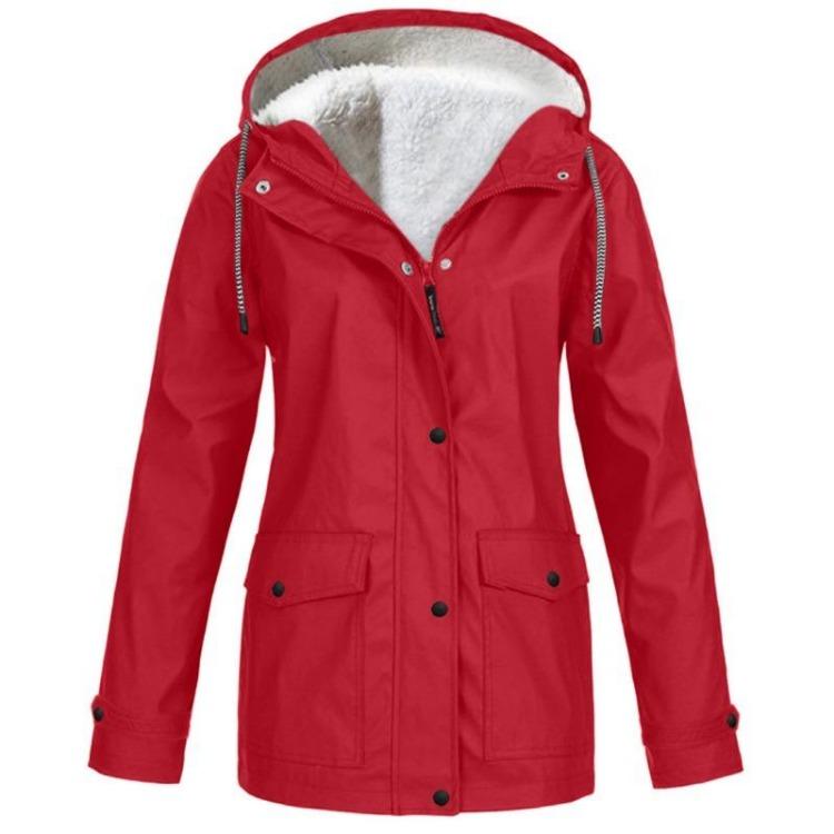 Warme Winddichte Damen Hardshell Jacke Herbst Winter Samt Kapuze Bergsteiger Mantel Einfarbig Mittellange Jacke