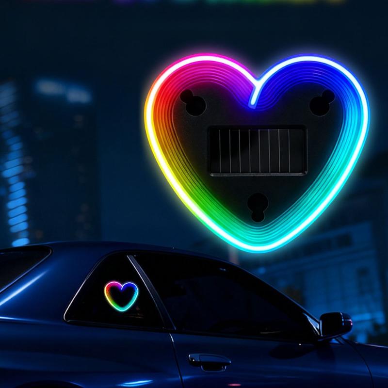 1 Set Heart-Shaped Rgb-Free Color-Changing Interior Wiring Free Atmosphere Light Solar-Powered Led Car Window Neon Lights