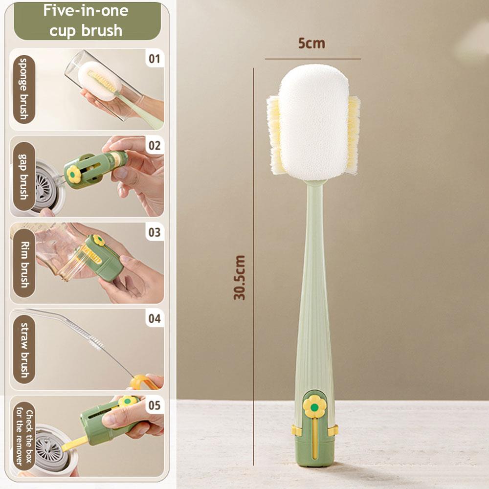 

5-in-1cup Washing Tool Multifunctional Cup Brush Water Cup Thermos Cup Brush Milk Bottle Cleaning Sponge Brush For Household Use зелёный