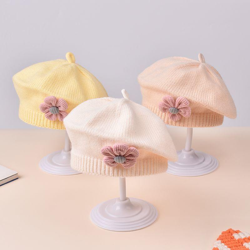 Winter Baby Girls Knitted Flower Bell Hat Cotton Sun Protection Windproof Multi Color Infant Beret for Toddler