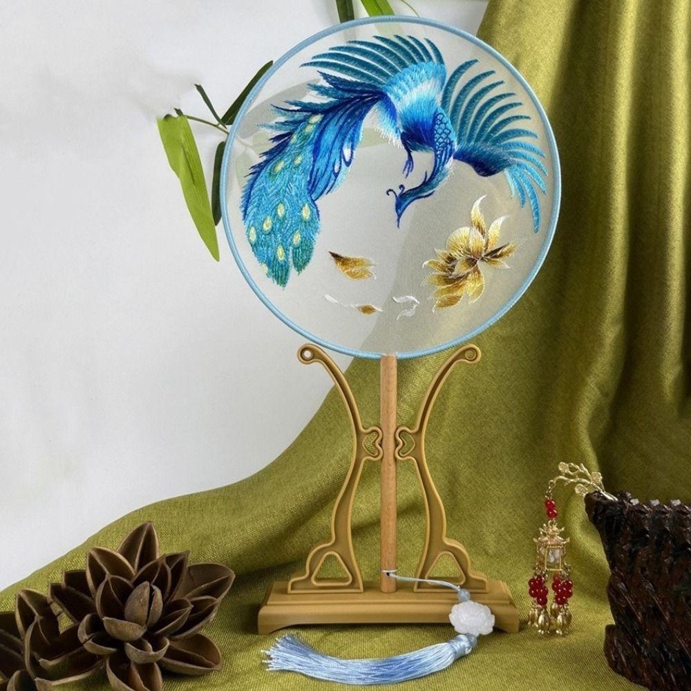 Long Handle Double Sided Embroidery Fan Semi-Transparent Vintage Hand Fan Flower Silk Fan  Wedding