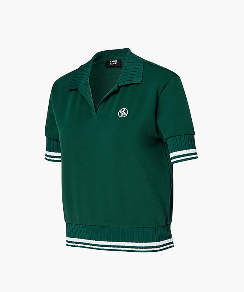 XEXYMIX Open Collar Double Line Short Sleeve Dark Green Xgfst01J2