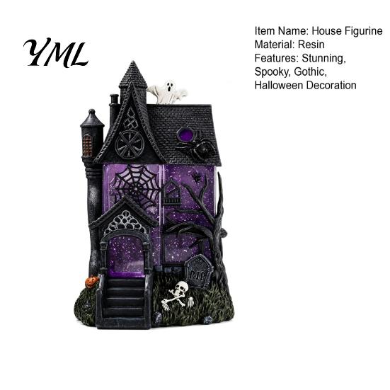 Indoor Haunted Home Accessory Gothic Resin Glitter Village Decoration, Halloween House Figurine with Purple Desktop Ornament Pumpkins Skulls Windows,
