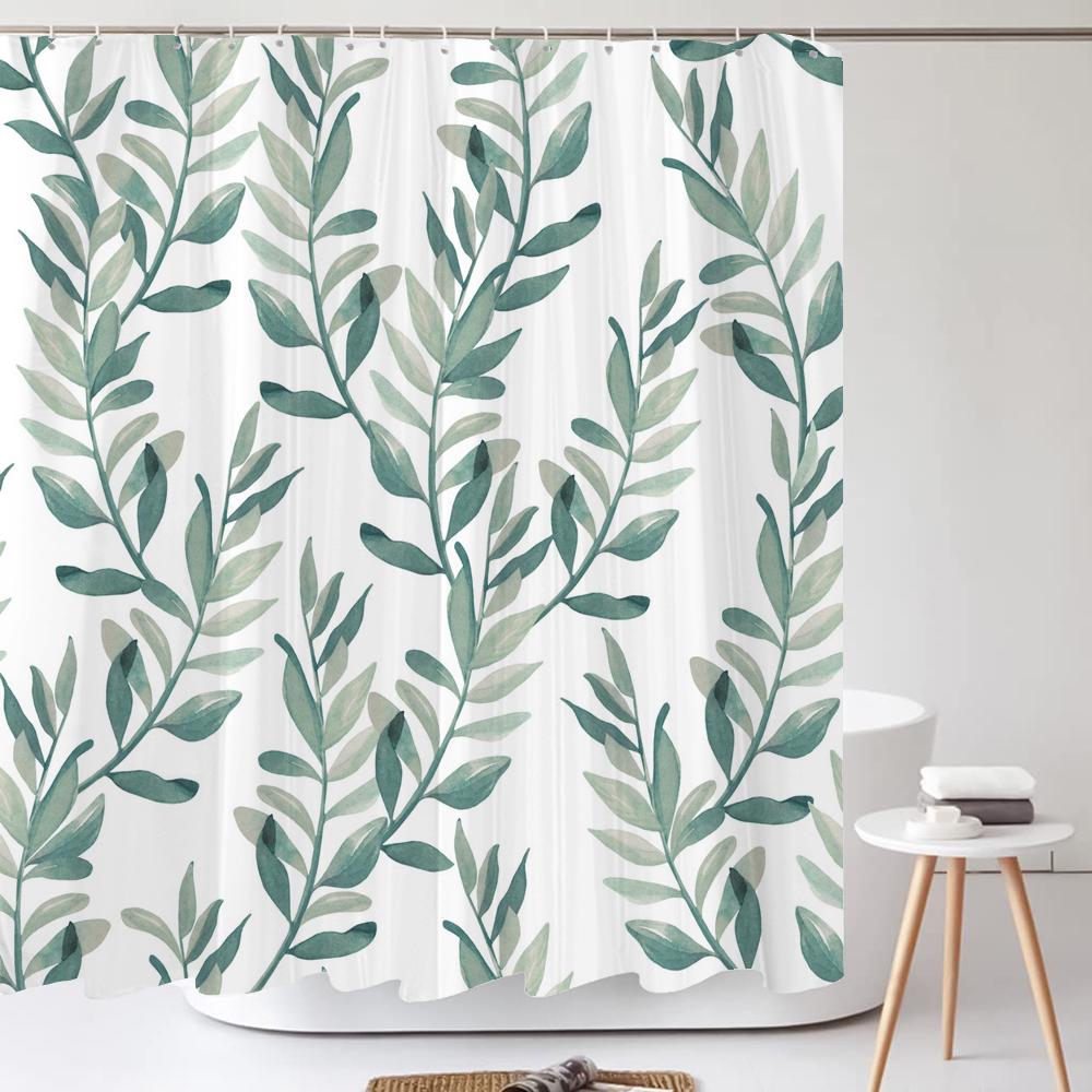 Grüne Pflanze Blatt Blume Duschvorhang, Moderner Nordic Minimalistischer Duschvorhang Polyester Stoff Badezimmervorhang für Badezimmer Dekor