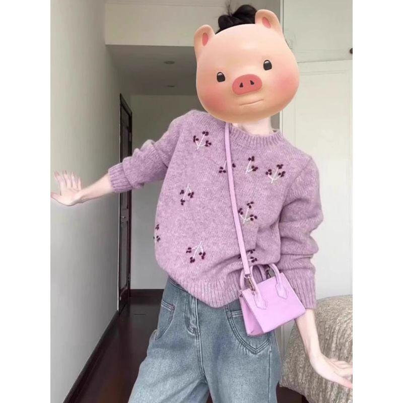 

Korean Style Idle Style Retro round Neck Long Sleeve Sweater Female Fall and Winter New Design Sense Embroider Small Knitting Tops Purple S(Suggested 37.50 kg-47.50 kg)
