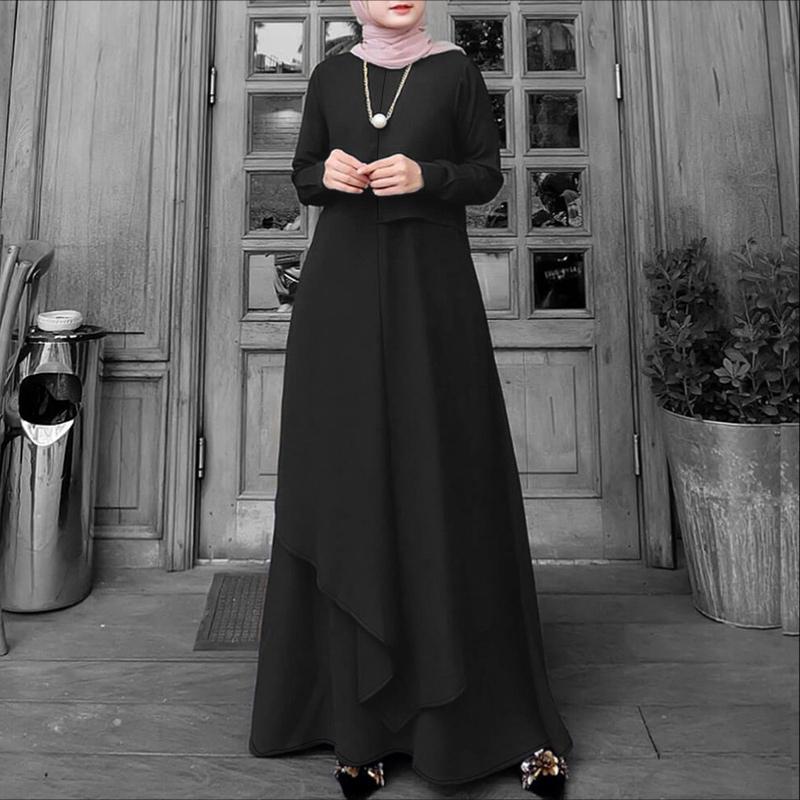 

ZANZEA Повседневное платье для мусульманок с круглым вырезом, однотонное, с длинным рукавом, свободного кроя XL чёрный