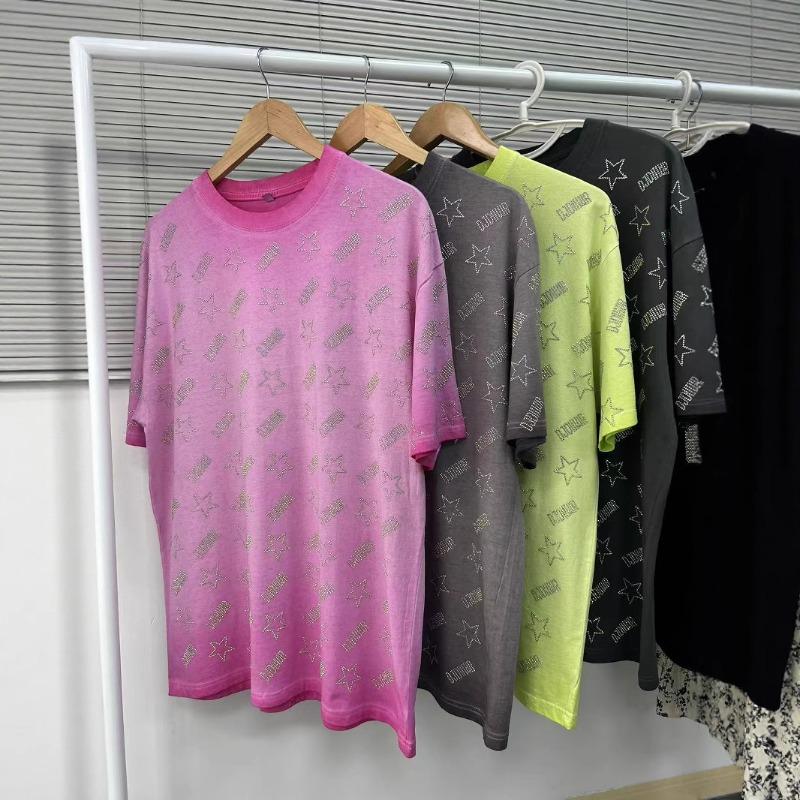 Women's Summer Round-neck Short-sleeved T-shirt Heavy Diamond Ironing Washed and Aged Loose Top