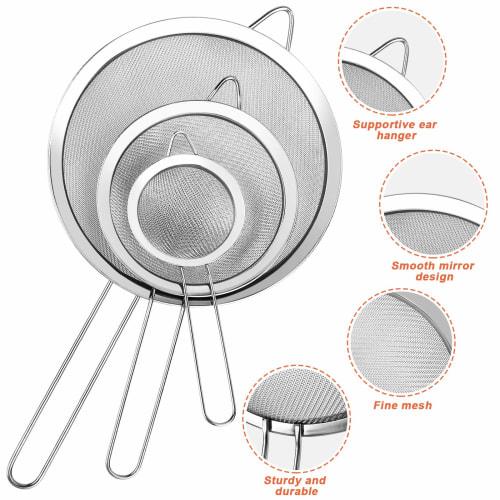 YLYL 3 Pcs Super Wire Extra Fine Mesh Strainer with Handle, Small Medium Large Size Sifter Metal Strainer Set, Stainless Steel Sieve Fine Mesh Straine