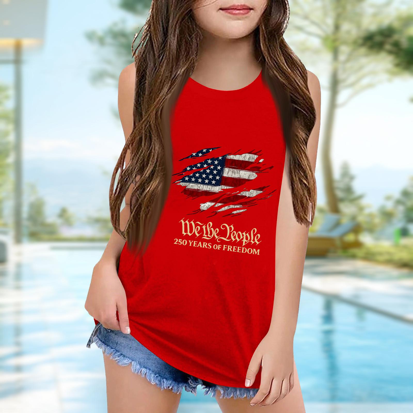 

Girls Kids Summer Crewneck Sleeveless Shirts Tank Tops Independence Day 140 червоний